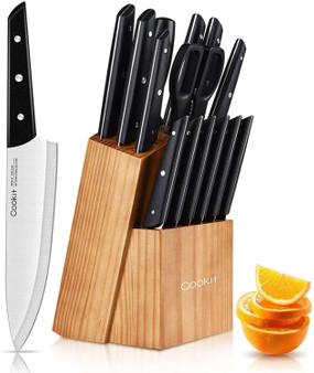 Knife Block Set with Knives;  15 Piece Kitchen Knife Sets with Wood Block;  Professional Chef Knives High-Carbon Stainless Steel; Cutlery Set with Knife Sharpener Meat Scissors (Shipment from FBA) RT