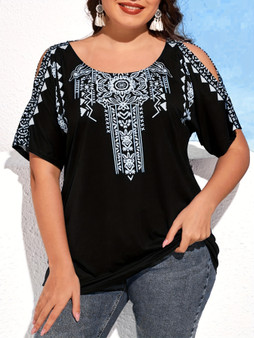 Plus Size Casual T-shirt; Women's Plus Geo Print Cold Shoulder Round Neck Tee