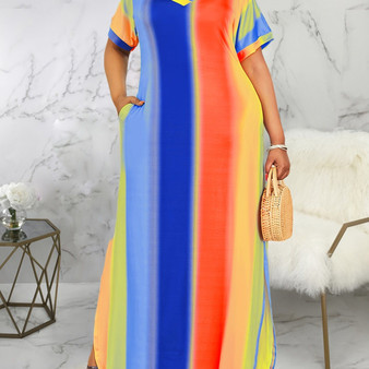 Plus Size Tie Dye Print V Neck Short Sleeve Maxi Dress With Pocket; Women's Plus Medium Stretch Elegant Long Dress