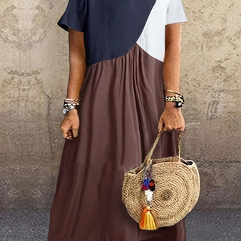 Plus Size Colorblock Short Sleeve Maxi Dress; Women's Plus Slight Stretch Round Neck Boho Long Dress