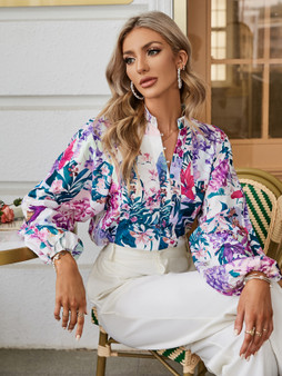 Simplee Elegant lantern sleeve loose print women shirt Spring office buttons casual blouse Floral boho patchwork female top 2023