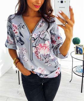 Plus Size Women's Autumn New Slim Thin Zipper V-neck Print Long-sleeved T-shirt