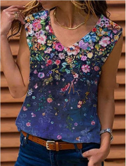 Fashion women's summer new T-shirt sleeveless print loose type V-neck urban casual set head blue t-shirt top