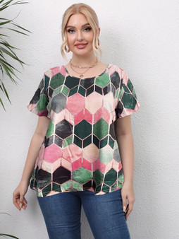Plus Size Casual T-shirt; Women's Plus Colorful Geometric Print Short Sleeve Round Neck Medium Stretch T-shirt