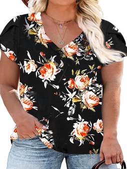 Plus Size Casual T-shirt; Women's Plus Floral Print Short Sleeve V Neck Slight Stretch T-shirt