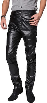 Mens Tight Waistless Pants Zipper Placket Daily Leisure Sports Leather Middle Trousers for Parties, Dances