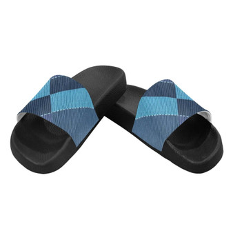 Flip-Flop Sandals, Blue Denim Grid Style Womens Slides