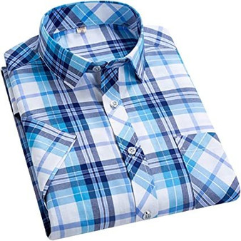 Men's Casual Plaid Shirts Fashion Loose Short Sleeve T-Shirts Suit Collar Round Hem Shirts