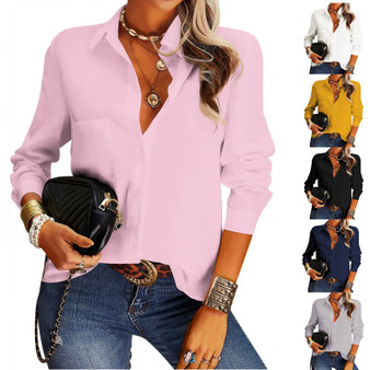 Women Chiffon Blouse Tops Spring Autumn Turn Down Collar Long Sleeve Solid Pullover Pocket Loose Shirts