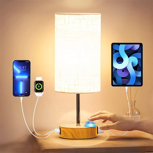 Bedside Lamp Touch Control Table Lamp with USB A+C Charging Ports & AC Outlet 3-Way Dimmable Nightstand Lamp with Linen Fabric Shade for Bedroom Living Room(E26 Light Bulb Included)