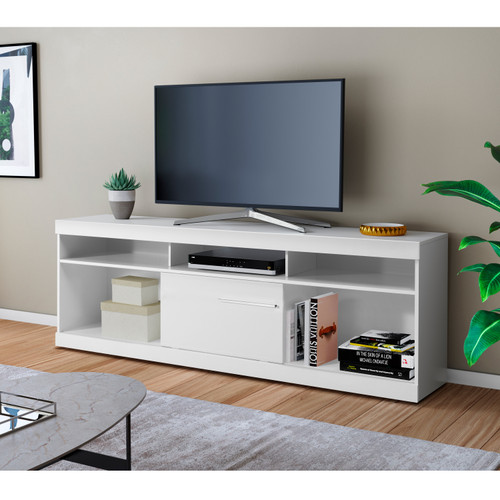 71 Inch Wooden TV Stand with Open Compartments and Sliding Door; White; DunaWest