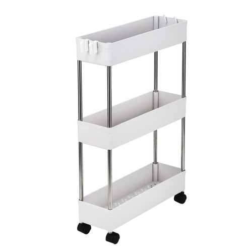 3 Tier Slim Storage Cart Mobile Shelving Unit Organizer Slide Out Storage Rolling Utility Cart Tower Rack for Kitchen Bathroom Laundry Narrow Places, Plastic & Stainless Steel, White