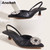 Aneikeh Summer Low Heel Party Dress Shoes For Women Classics Crystal Flower Pointed Toe PU Sewing Ankle Slip-On Slingbacks Pumps