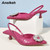 Aneikeh Summer Low Heel Party Dress Shoes For Women Classics Crystal Flower Pointed Toe PU Sewing Ankle Slip-On Slingbacks Pumps