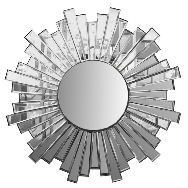 DunaWest 28 Inch Round Floating Wall Mirror with Sunburst Design Frame, Silver