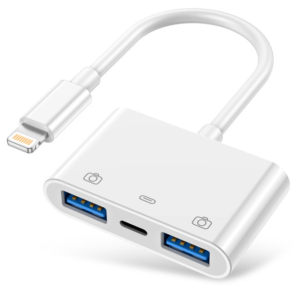Lightning To USB3.0 Adapter; USB3.0 Camera Adapter Compatible With IPhone IPad; USB Adapter; With 2 USB3.0 And 1 Charging Port; No Application Required; Plug And Play