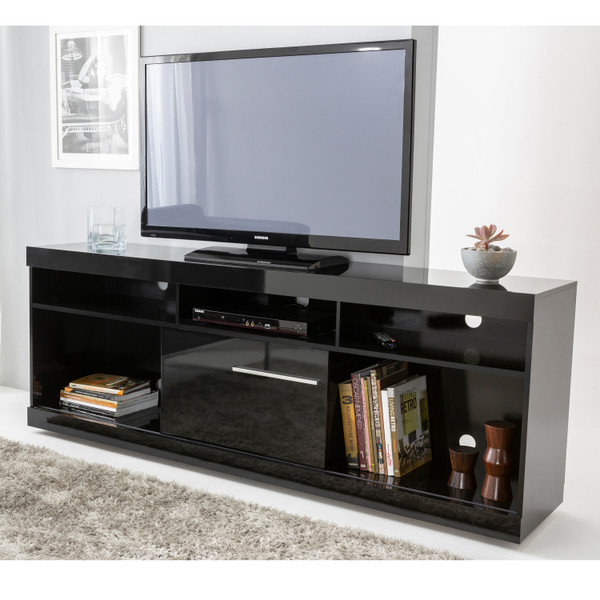 71 Inch Wooden TV Stand with Open Compartments and Sliding Door; Black; DunaWest