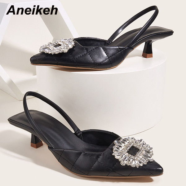 Aneikeh Summer Low Heel Party Dress Shoes For Women Classics Crystal Flower Pointed Toe PU Sewing Ankle Slip-On Slingbacks Pumps