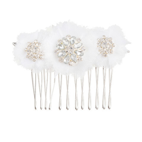 David Tutera Bridal Hair Comb Silver Rhinestone Flower Tri-Cluster With Netting