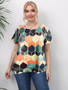 Plus Size Casual T-shirt; Women's Plus Colorful Geometric Print Short Sleeve Round Neck Medium Stretch T-shirt