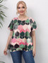 Plus Size Casual T-shirt; Women's Plus Colorful Geometric Print Short Sleeve Round Neck Medium Stretch T-shirt