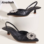 Aneikeh Summer Low Heel Party Dress Shoes For Women Classics Crystal Flower Pointed Toe PU Sewing Ankle Slip-On Slingbacks Pumps