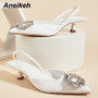 Aneikeh Summer Low Heel Party Dress Shoes For Women Classics Crystal Flower Pointed Toe PU Sewing Ankle Slip-On Slingbacks Pumps