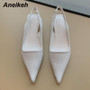 Aneikeh Summer Low Heel Party Dress Shoes For Women Classics Crystal Flower Pointed Toe PU Sewing Ankle Slip-On Slingbacks Pumps