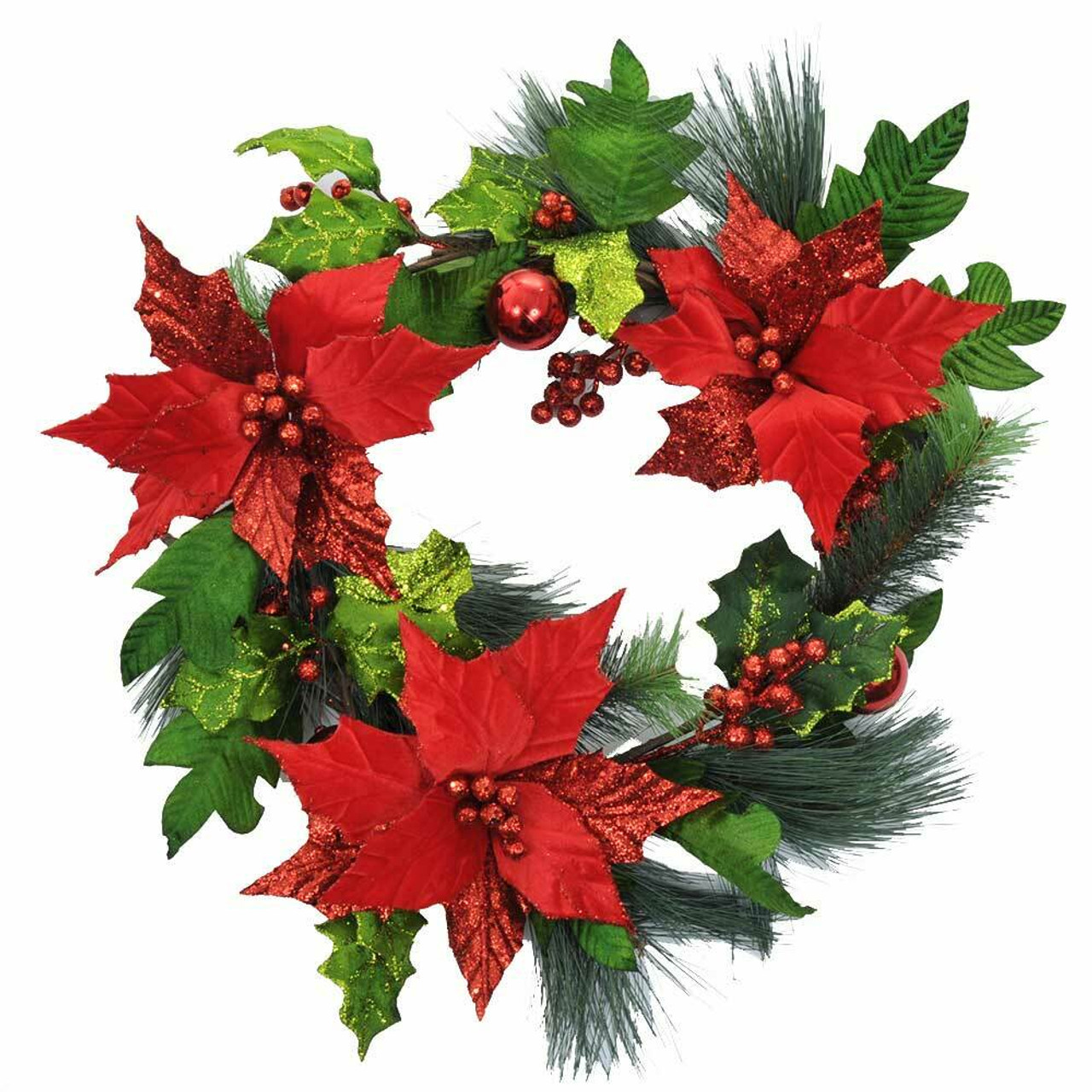 Red Poinsettia With Holly Wreath 