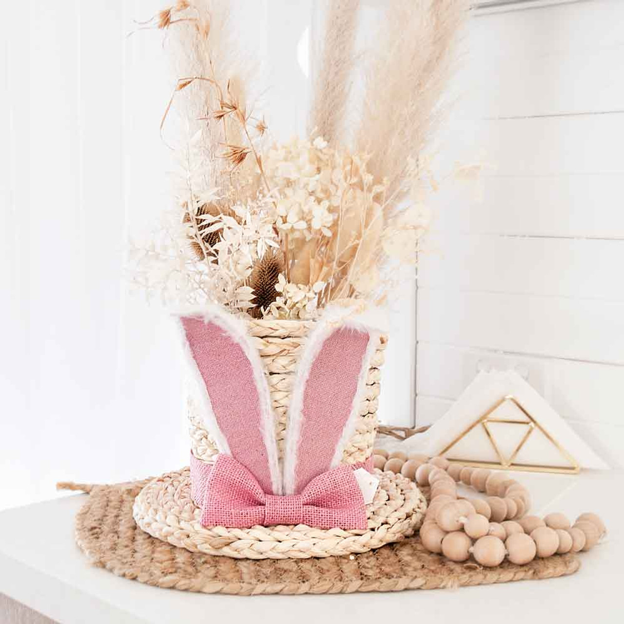 Fawn Jute Robe Easter Hat with Pink Bunny Ears Styled Image #1