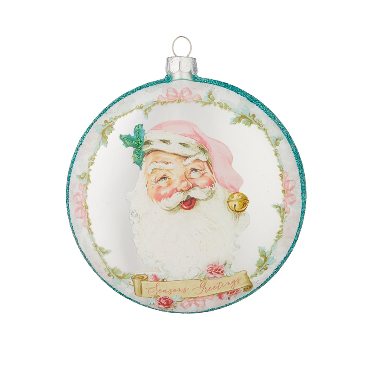 Glass Seasons Greetings Pink Santa Disc Ornament 