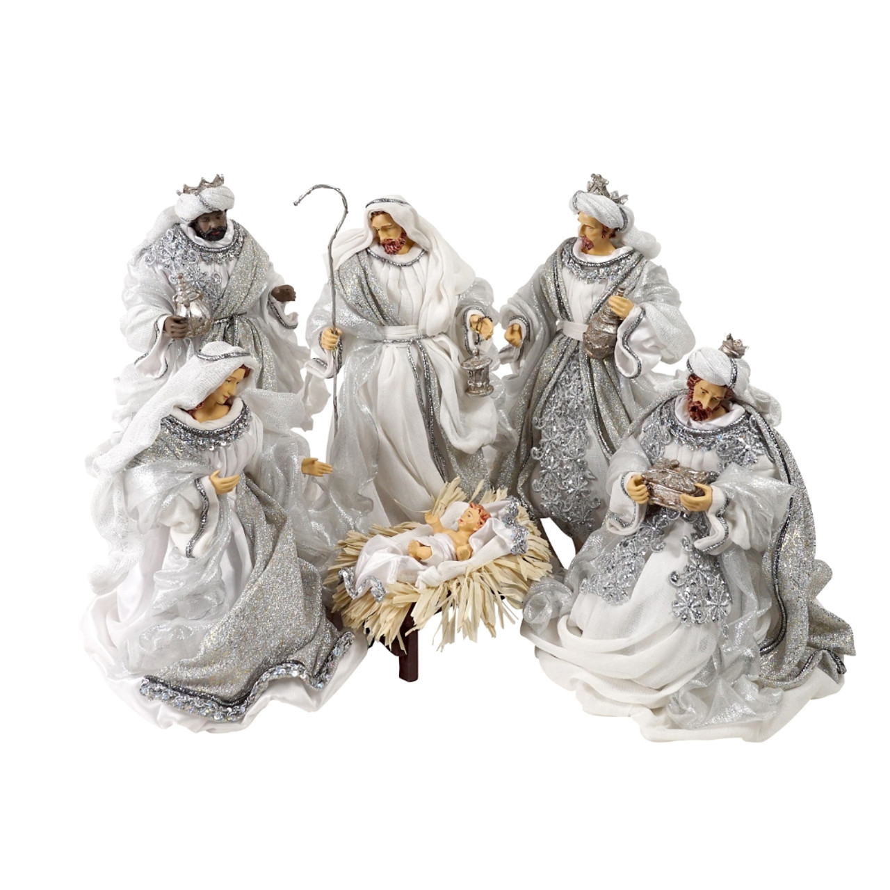 White Silver Fabric Nativity (Set of 6)