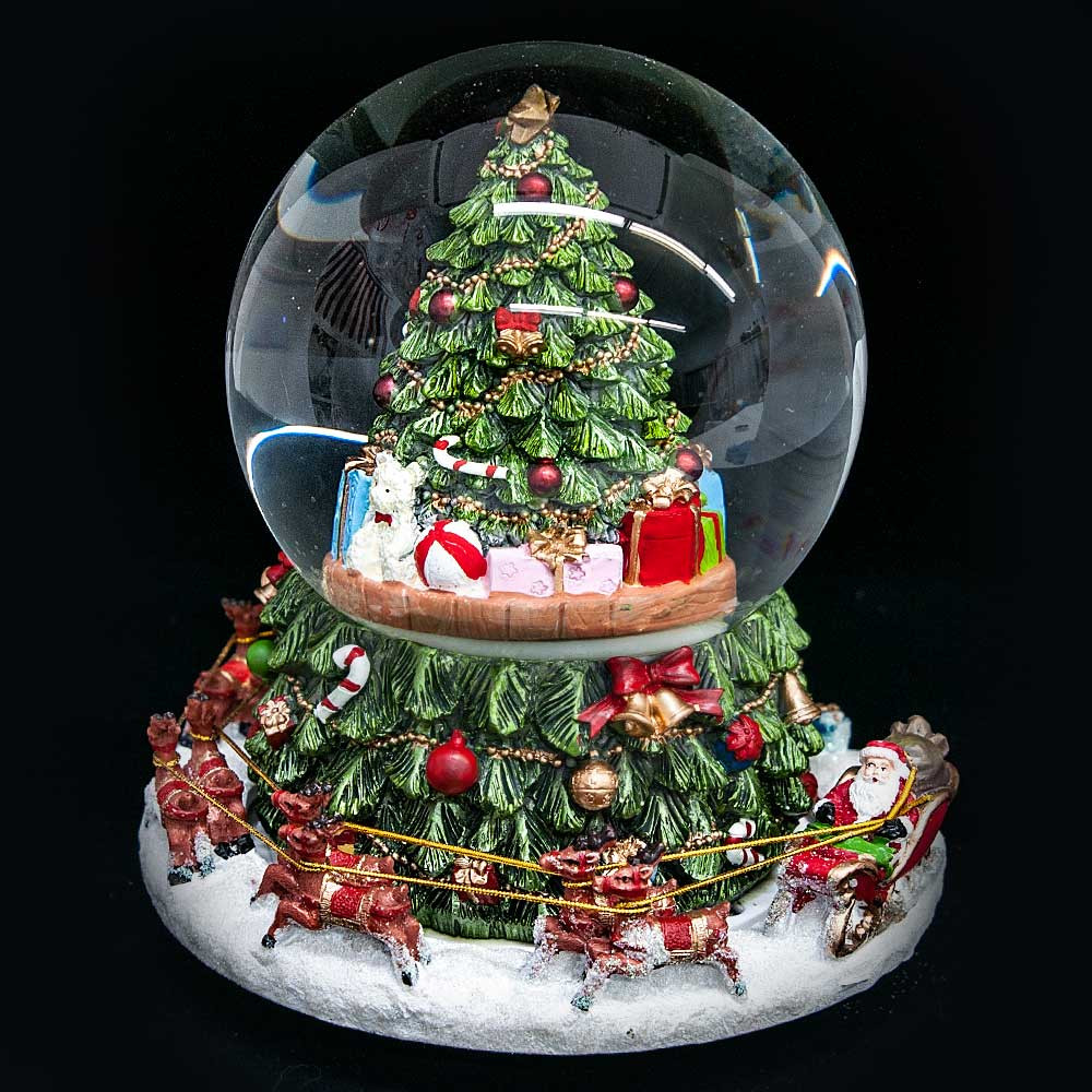 Santa with Reindeer Musical Tree Snowglobe 