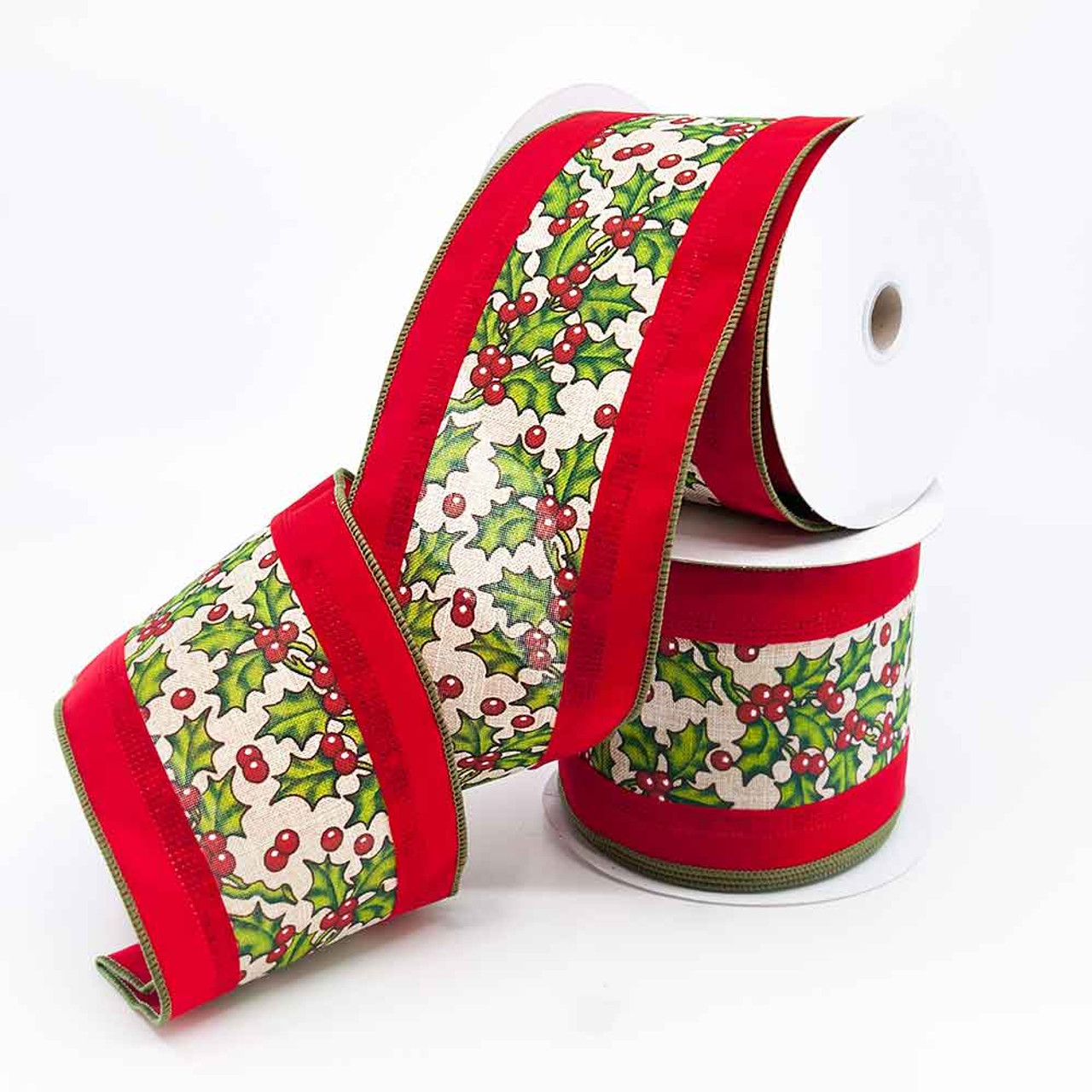Wide Holly Pattern on Red Background Ribbon 