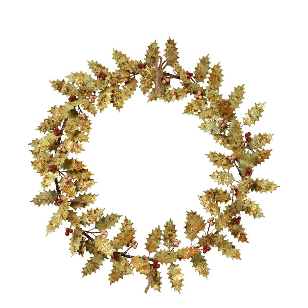 Gold Gilded Metal Holly Wreath