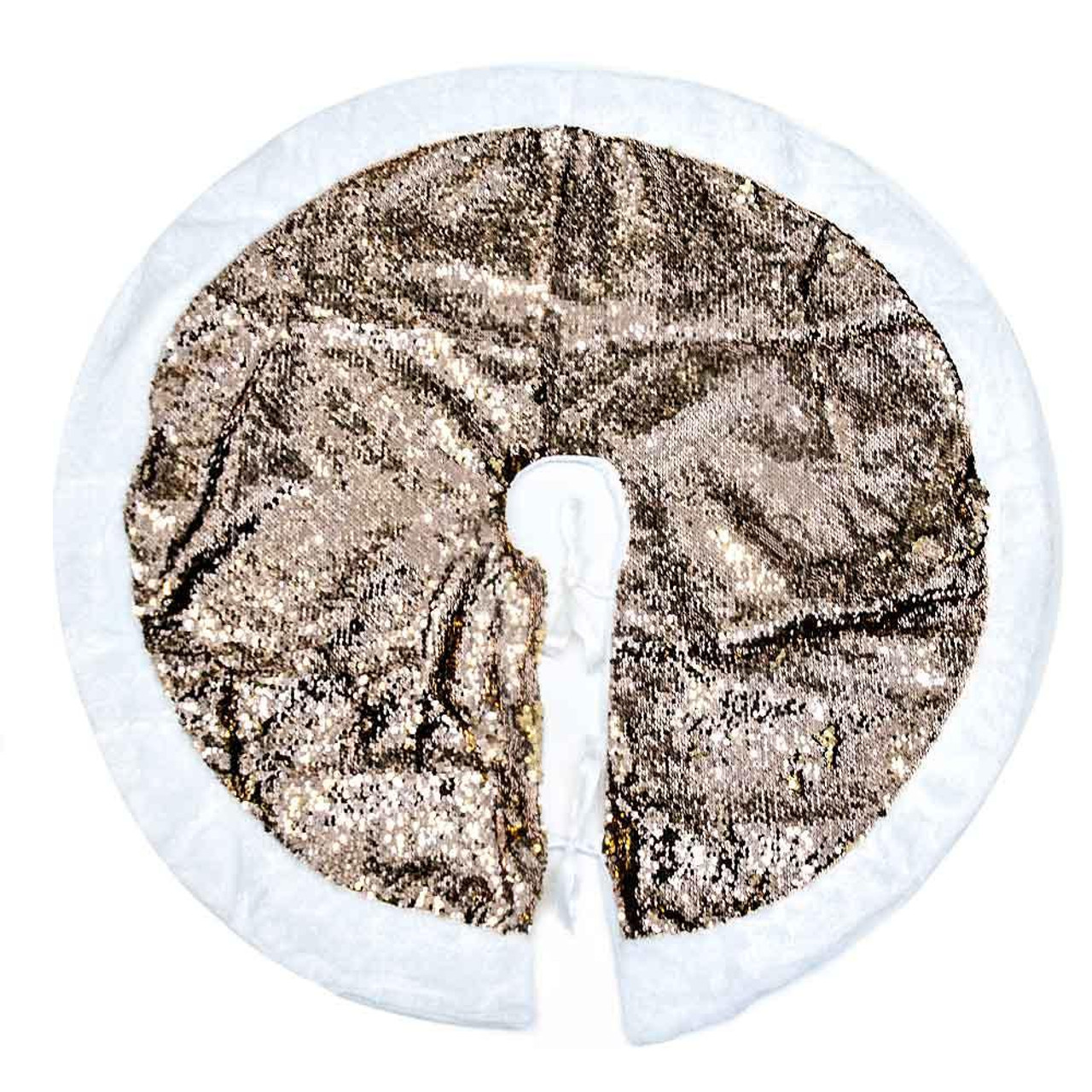 Christmas Elves Gold Sequin Tree Skirt With Faux Fur Edging - 90cm 