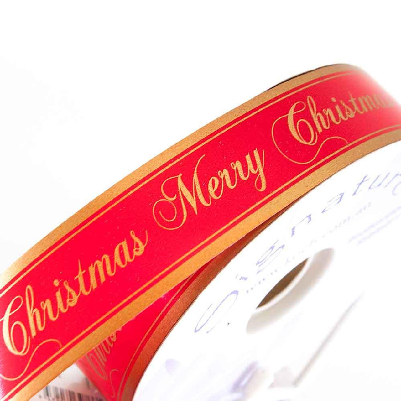 Christmas Elves Red Gold Satin Merry Christmas Ribbon - 20m 