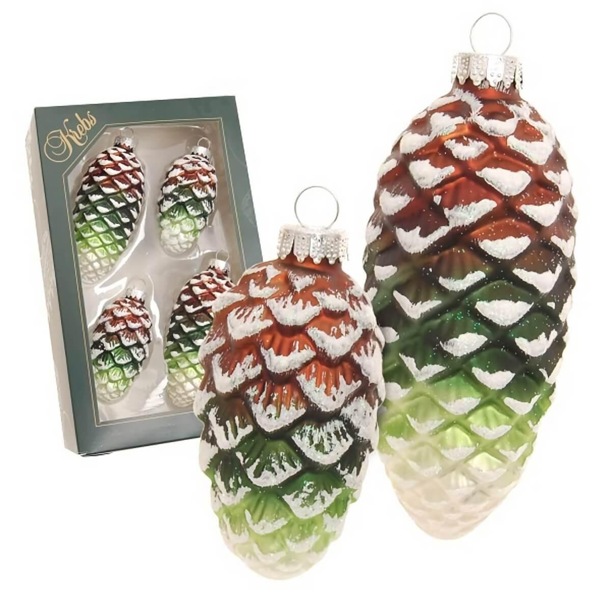 Christmas Elves Brown Olive Green with White Glitter Glass Pinecones (Set of 4) - 10cm 