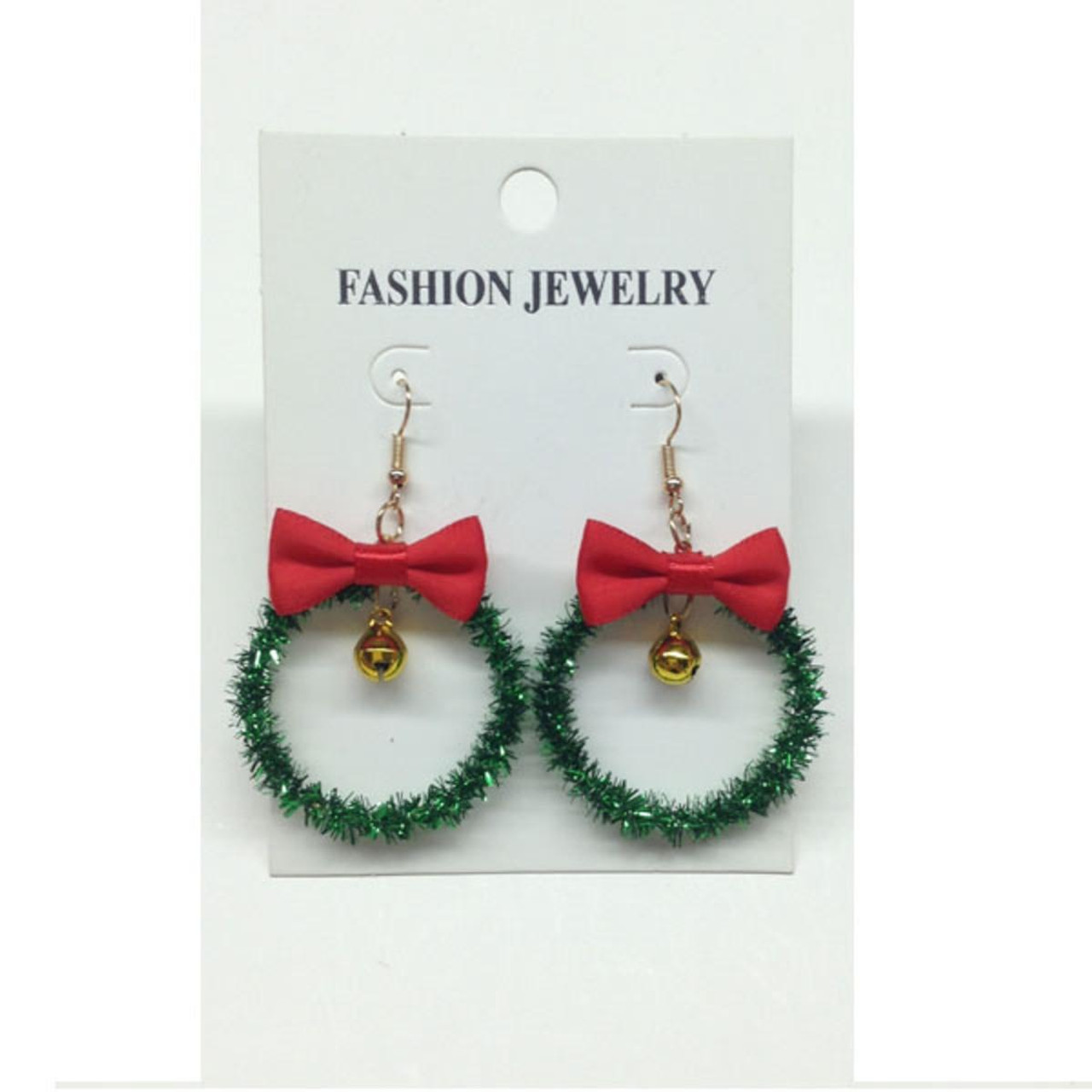 Christmas Elves Christmas Wreath with Bow and Bell Earrings 