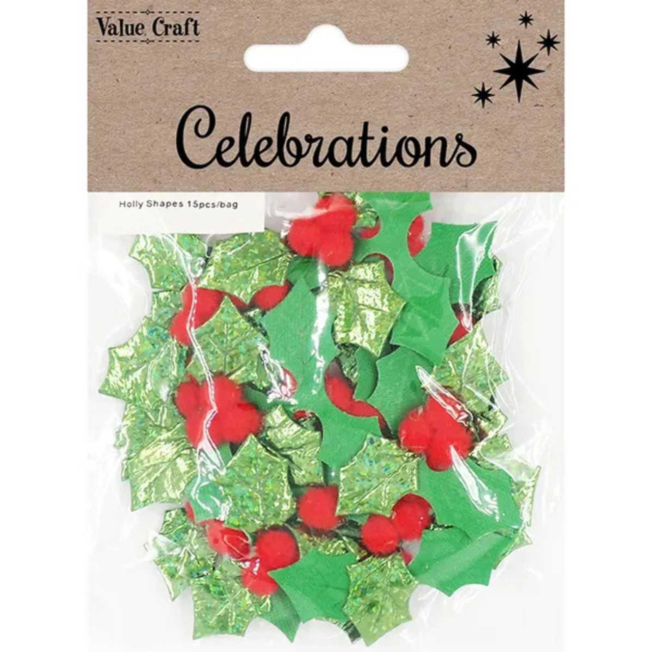 Christmas Elves Christmas Holly with Pom Pom Berries (Pack of 15) - 5cm 