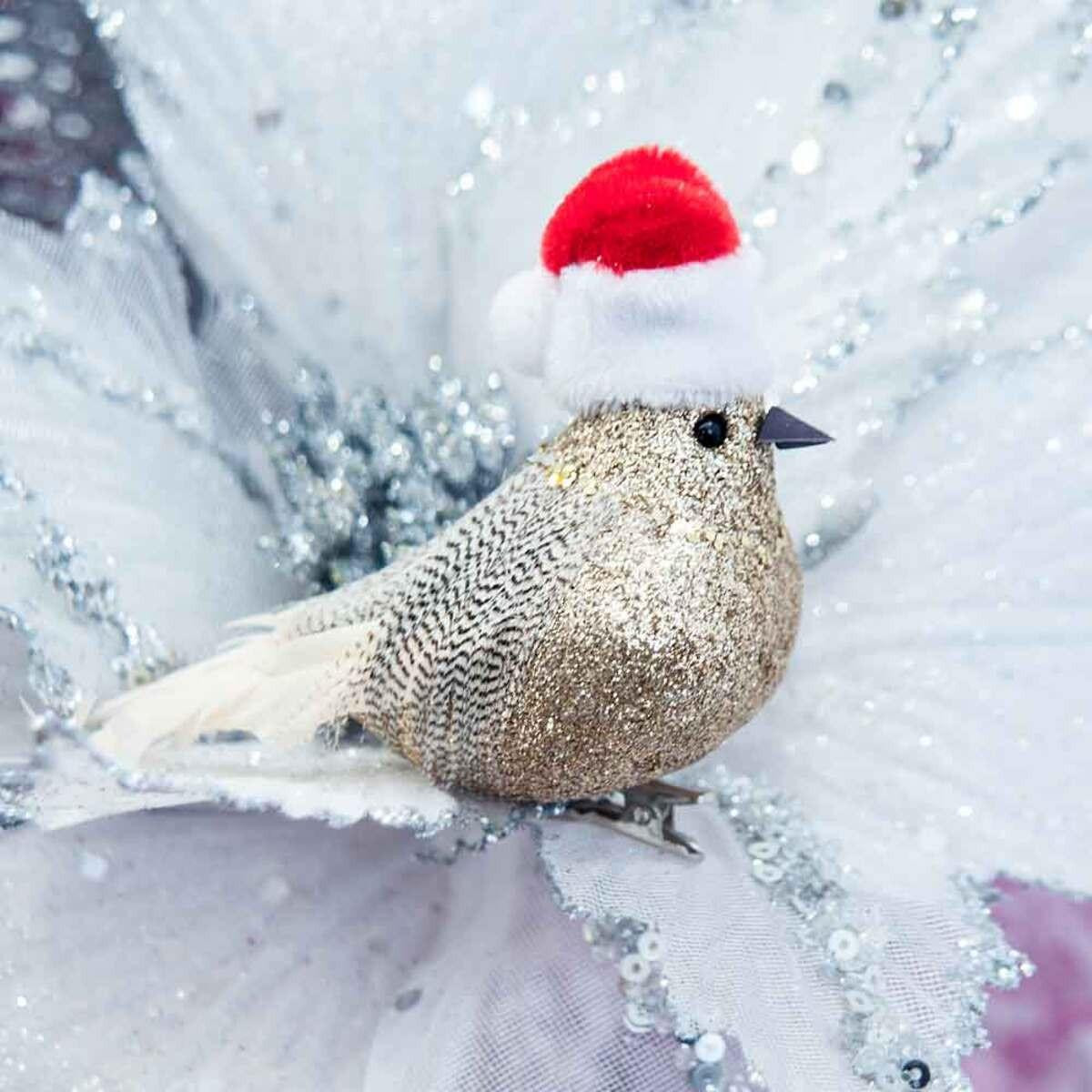 Birds of a Father  “Santa’s Elves” Gold Feathered Bird with Christmas Hat - 11cm - Christmas Elves