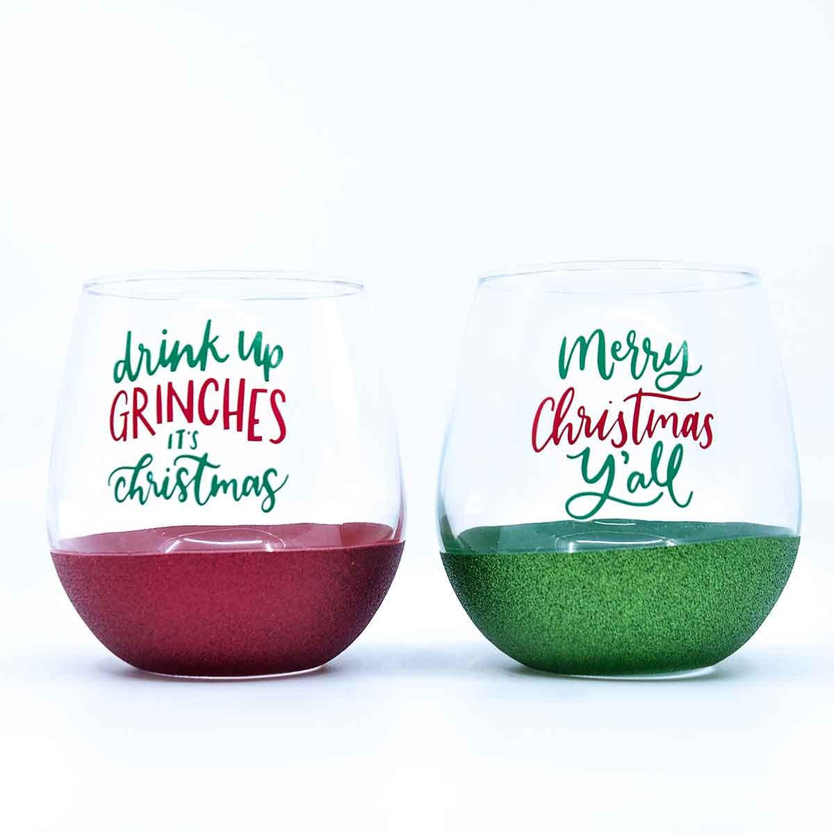 Christmas Elves Stemless Wine Glass with Glitter Base (2 Styles) - 460ml 