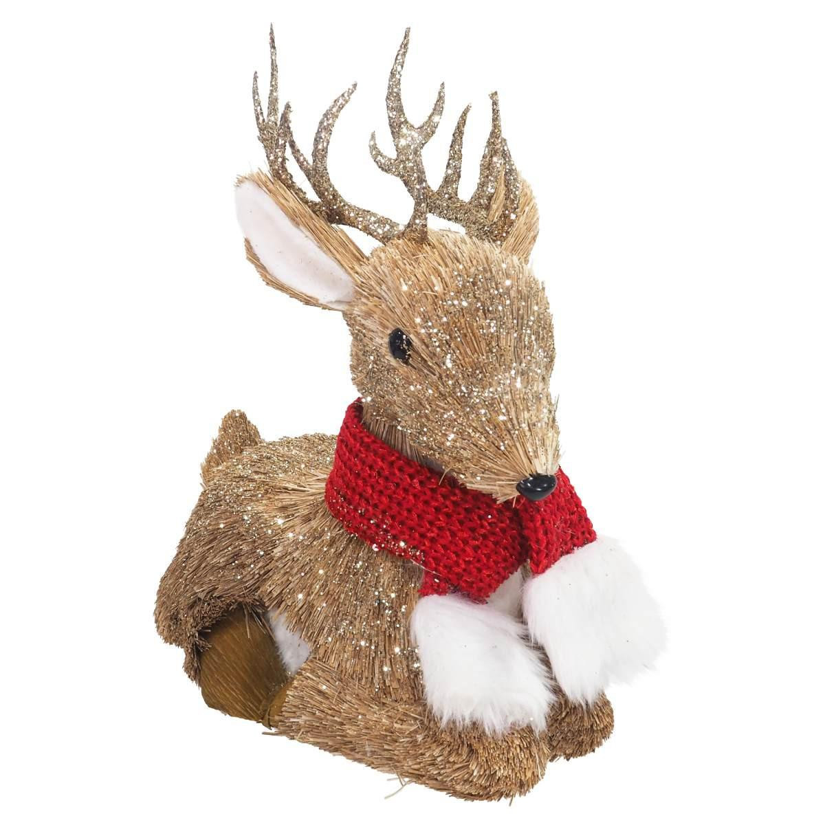 Christmas Elves Sisal Sitting Reindeer with Red Scarf - 31cm 