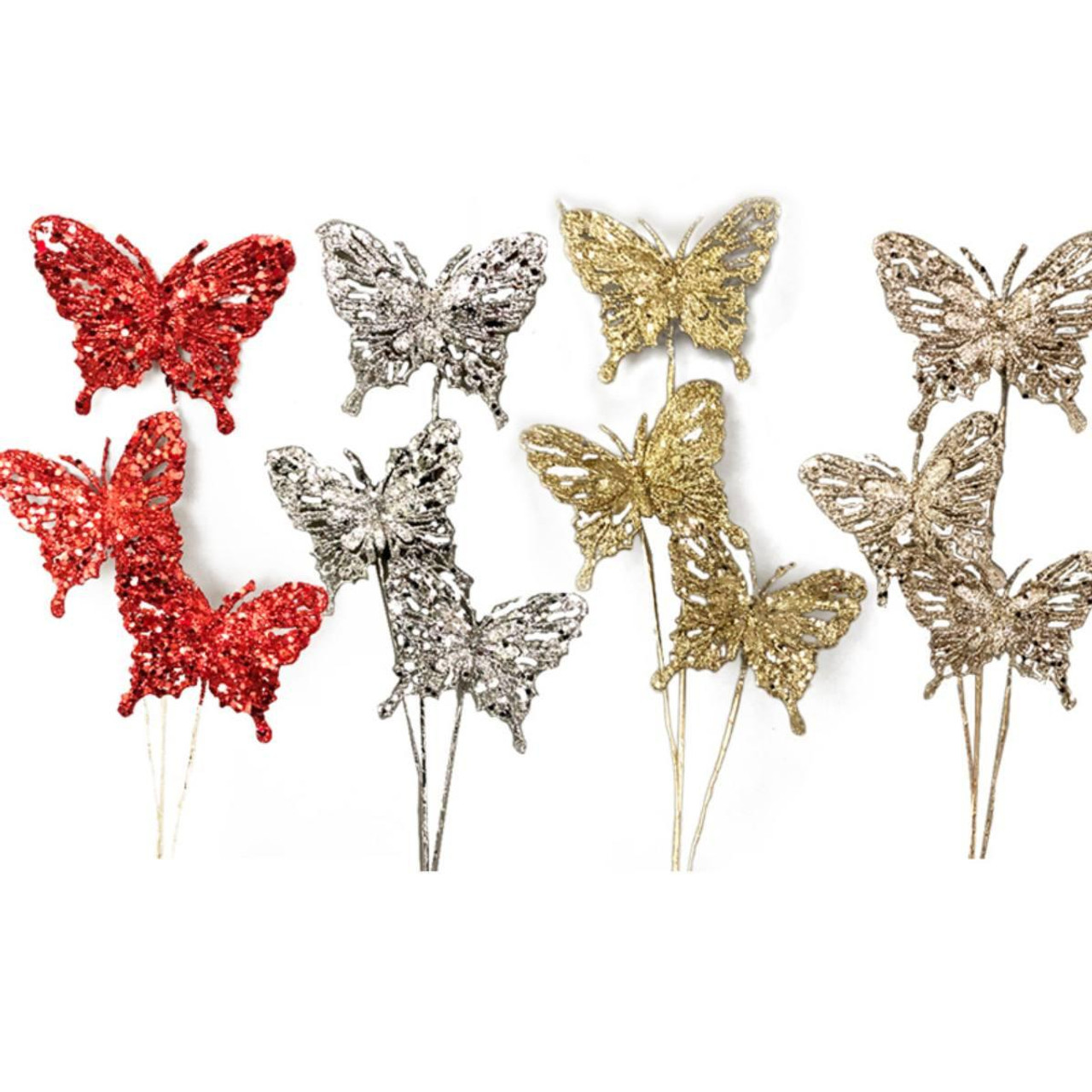 Christmas Elves Glittery Butterfly Picks Set of 3 (4 Colours) - 58cm 
