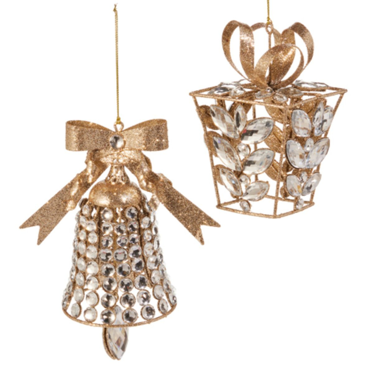 Luxe Crystal & Gold Holiday Ornament Set (Bell & Gift Box)