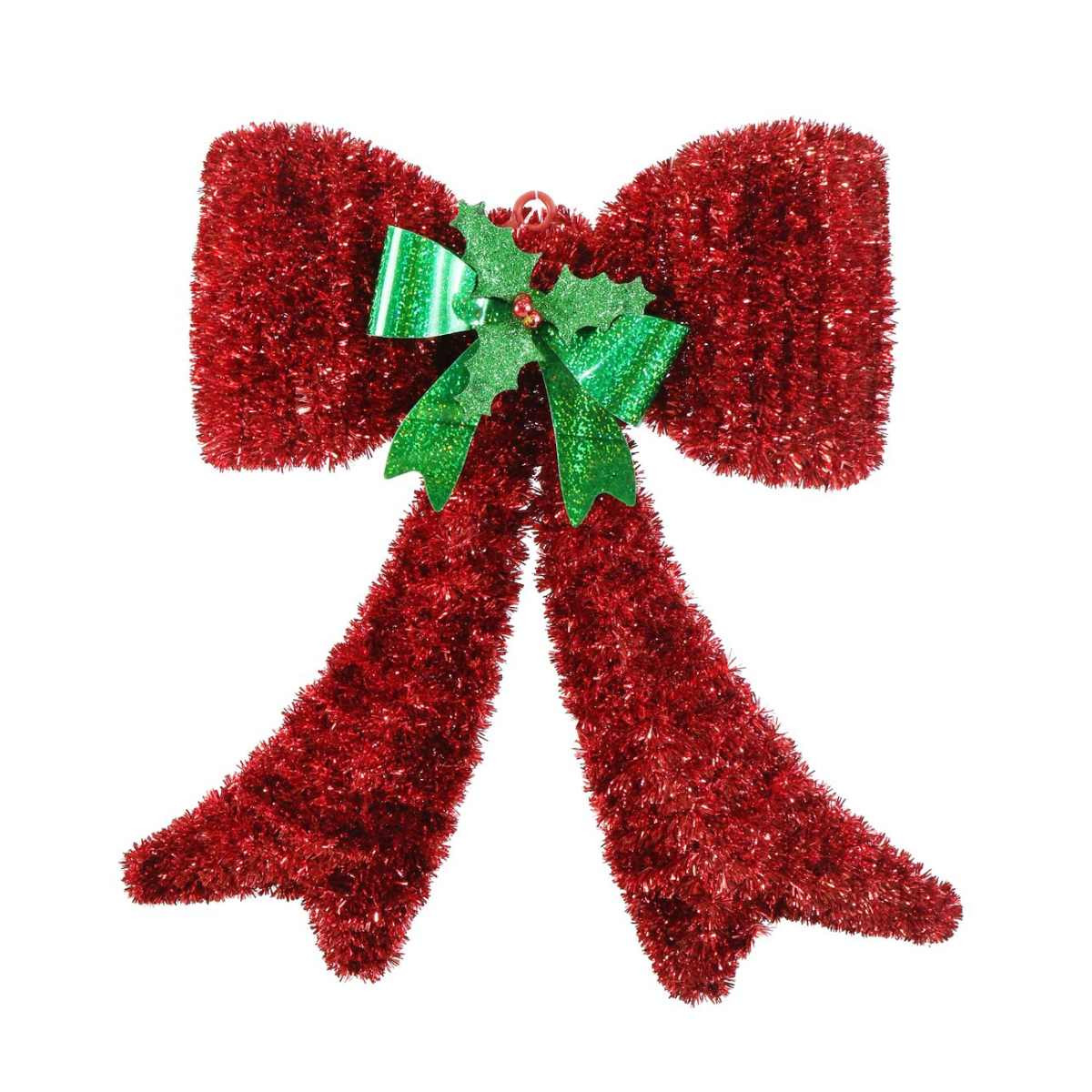 Sparkling Red Tinsel Bow with Holly Plaque