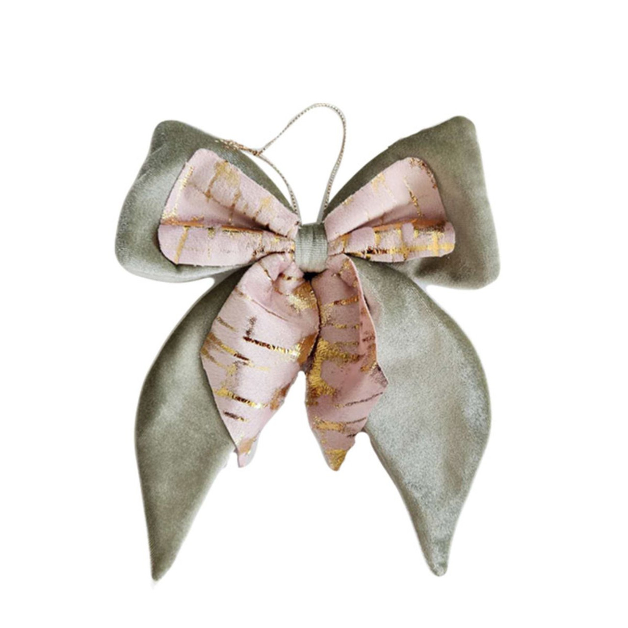 Festive Blush Pink & Green Layered Ribbon Bow