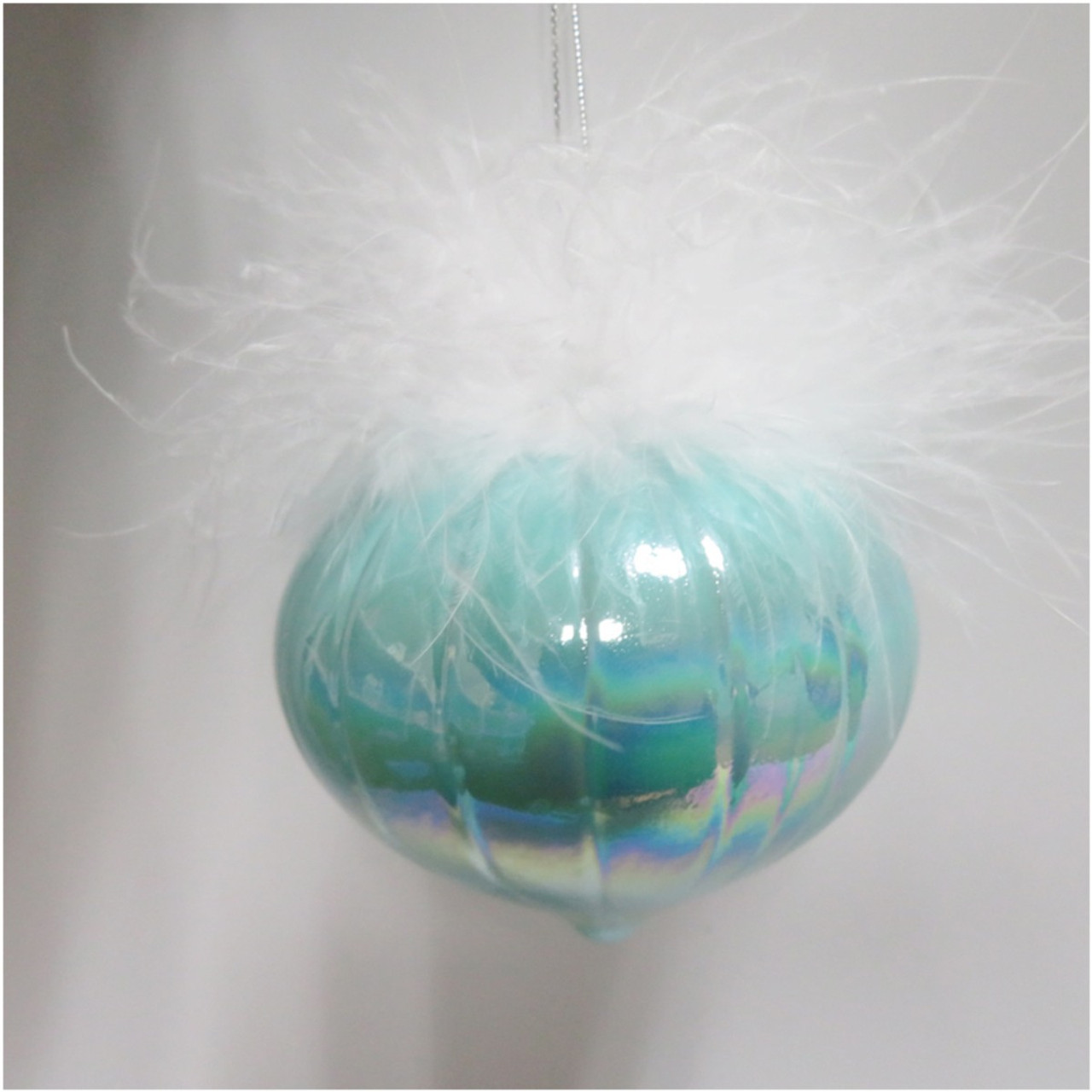 Cyan Glass Ornament with Plush Feather Crown