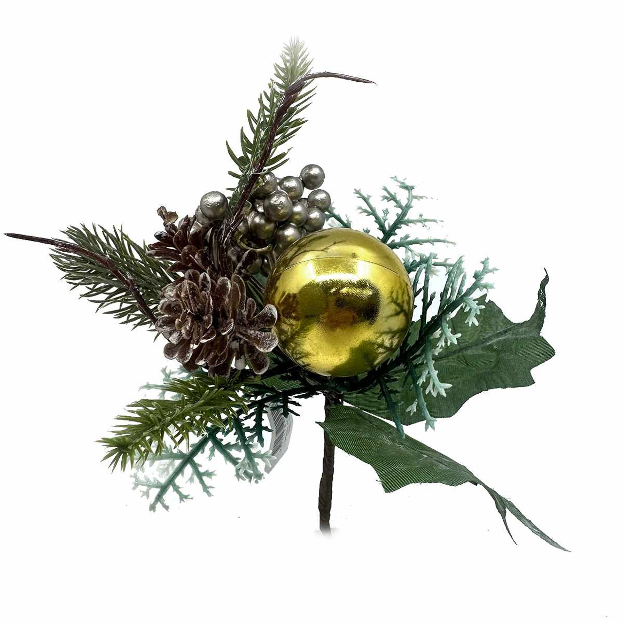 Gold Christmas Bauble with Pine & Berries Holiday Pick