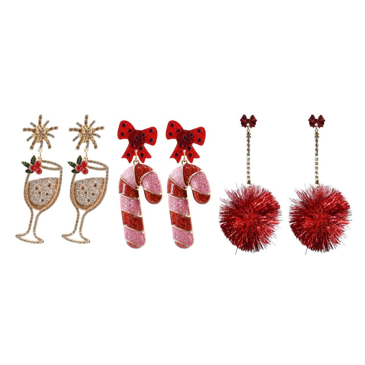 Holiday Earrings Set – Champagne, Candy Cane & Pom Pom